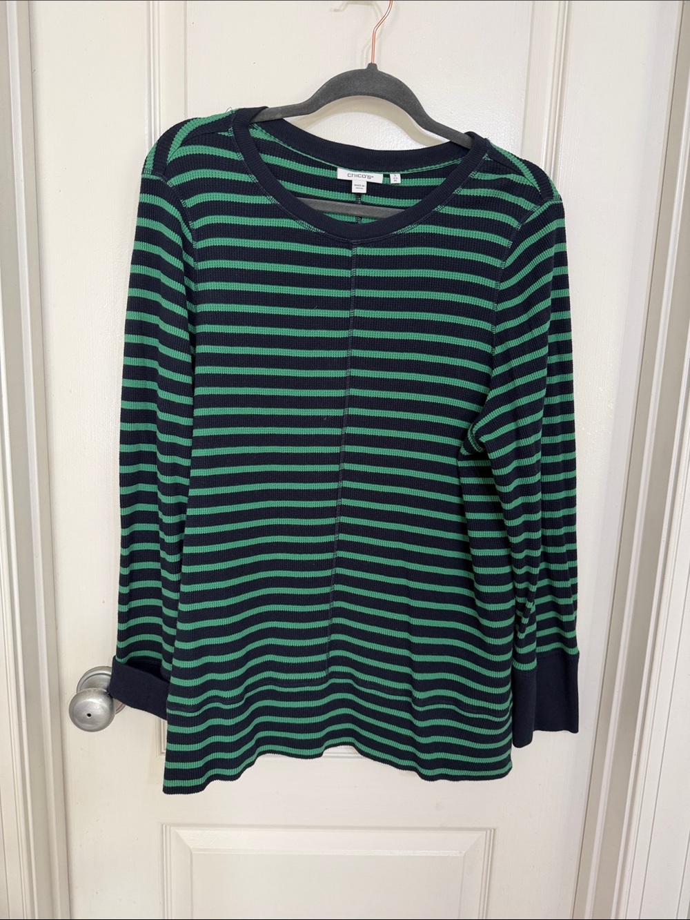 Chico's Navy and Green Striped Long-Sleeve Tee